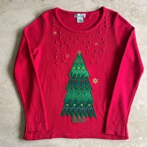 Vintage Christmas Tree Sweater Womens Medium Red Beaded Embroidered Nouveau